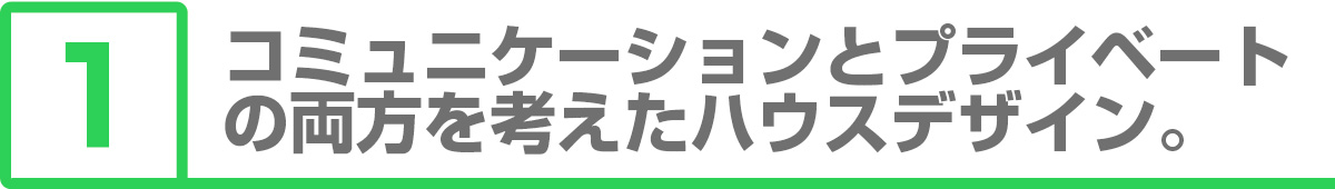 ①コミュニケーションとプライベートの両立を考えたハウスデザイン。